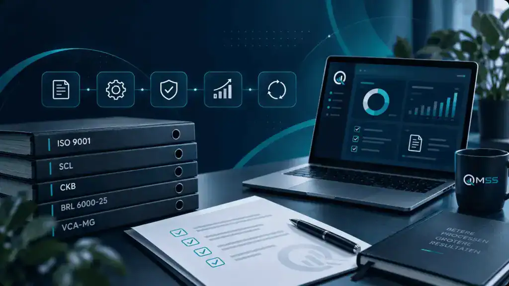 Overzicht van QMSS-normen met ISO 9001, Safety Culture Ladder, CKB, BRL 6000-25 en VCA-MG naast een kwaliteitsdashboard.
