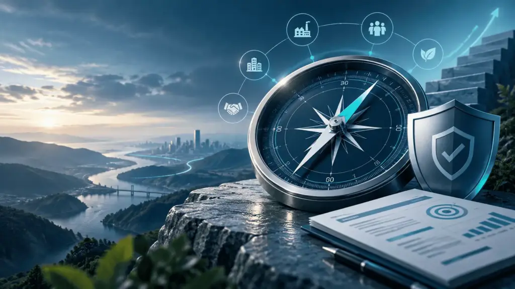 Headerafbeelding over beleid en doelstellingen binnen de Safety Culture Ladder met een visueel kompas voor richting, governance en continue ontwikkeling.